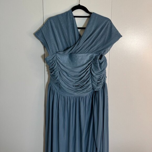 Little Mistress Plus size Bridesmaids Bardot Gathered Maxi Dress in Mesh - Blue - Picture 4 of 7